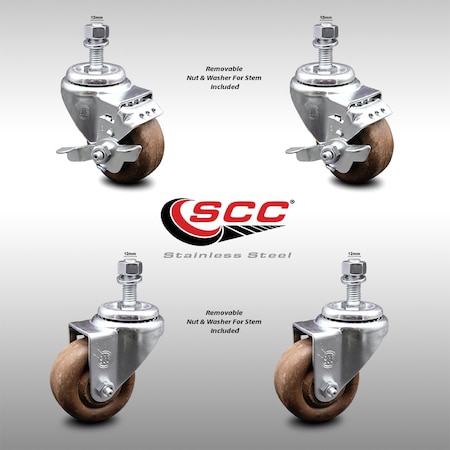 Service Caster 3 Inch SS High Temp Glass Filled Nylon 12mm Threaded Stem Caster Brake, 2PK SCC-SSTS20S314-GFNSHT-M1215-2-TLB-2